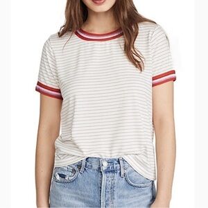 CUPCAKES AND CASHMERE Women's Quily White Stripe Red Pink Ringer Tee Shirt Sz SM